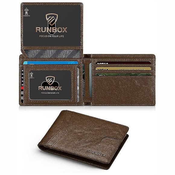Wallet for Men Slim Rfid Leather 2 ID Window With Gift Box Vintage Brown